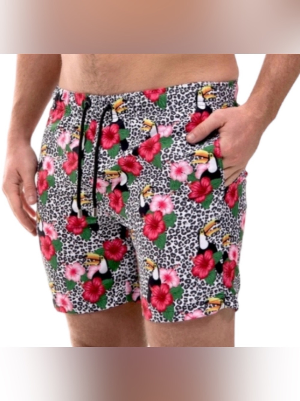 Franks Australia Broadbeach Swim Trunks toucan hibiscus leopard